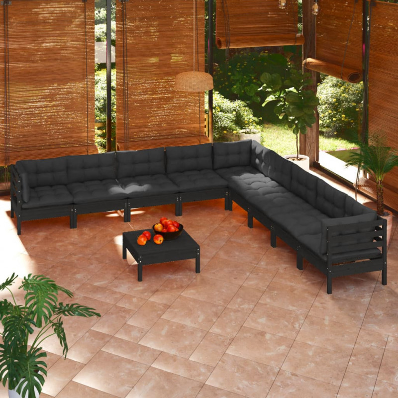 10-tlg. Garten-Lounge-Set mit Kissen Schwarz Massivholz Kiefer