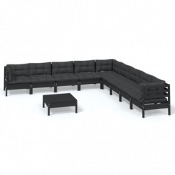 10-tlg. Garten-Lounge-Set mit Kissen Schwarz Massivholz Kiefer