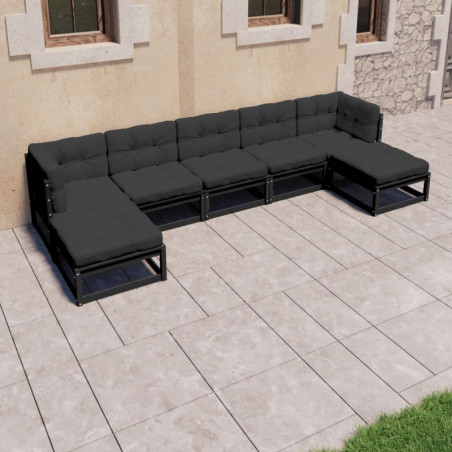 7-tlg. Garten-Lounge-Set mit Kissen Schwarz Massivholz Kiefer