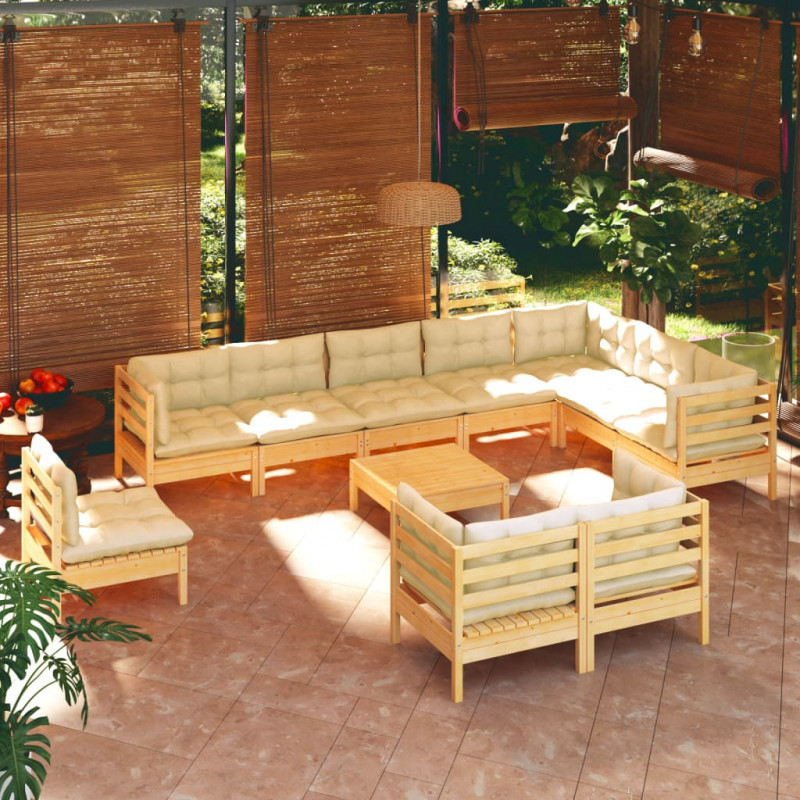 11-tlg. Garten-Lounge-Set mit Creme Kissen Massivholz Kiefer