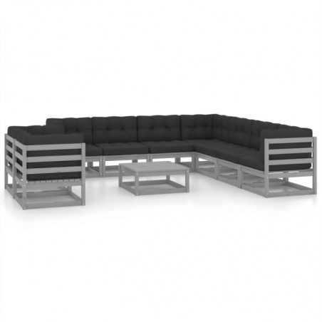 10-tlg. Garten-Lounge-Set mit Kissen Grau Kiefer Massivholz