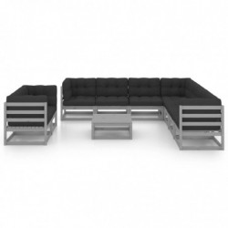 10-tlg. Garten-Lounge-Set mit Kissen Grau Kiefer Massivholz