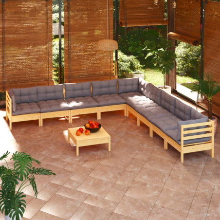 10-tlg. Garten-Lounge-Set mit Grauen Kissen Kiefer Massivholz