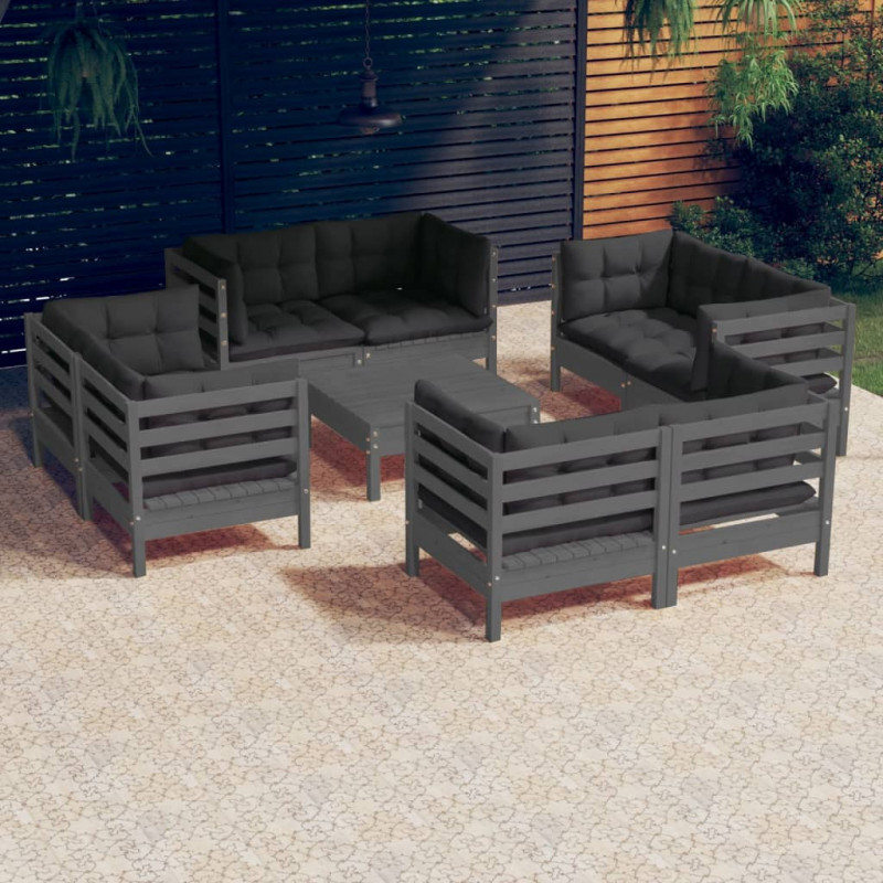 9-tlg. Garten-Lounge-Set mit Anthrazit Kissen Kiefernholz