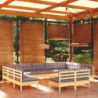 11-tlg. Garten-Lounge-Set mit Grauen Kissen Kiefer Massivholz