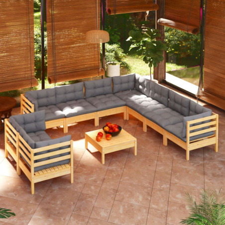 10-tlg. Garten-Lounge-Set mit Grauen Kissen Massivholz Kiefer