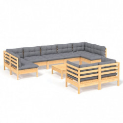 10-tlg. Garten-Lounge-Set mit Grauen Kissen Kiefer Massivholz