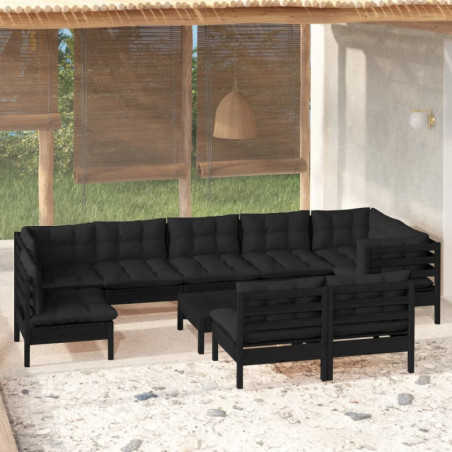 10-tlg. Garten-Lounge-Set mit Kissen Schwarz Massivholz Kiefer