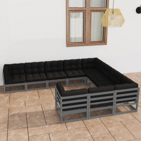 10-tlg. Garten-Lounge-Set mit Kissen Grau Kiefer Massivholz