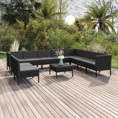 11-tlg. Garten-Lounge-Set mit Auflagen Poly Rattan Schwarz