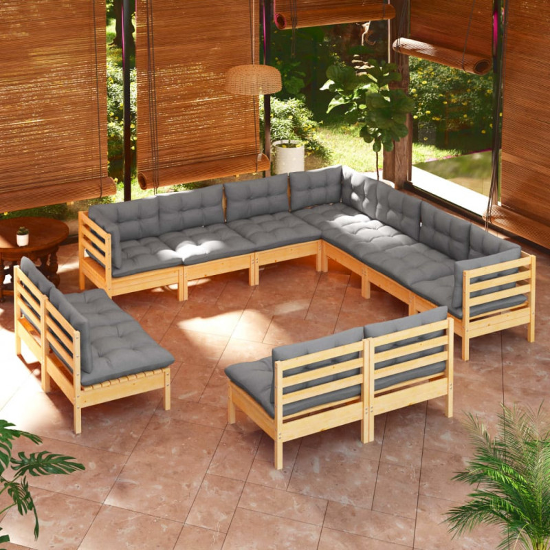 11-tlg. Garten-Lounge-Set mit Grauen Kissen Massivholz Kiefer