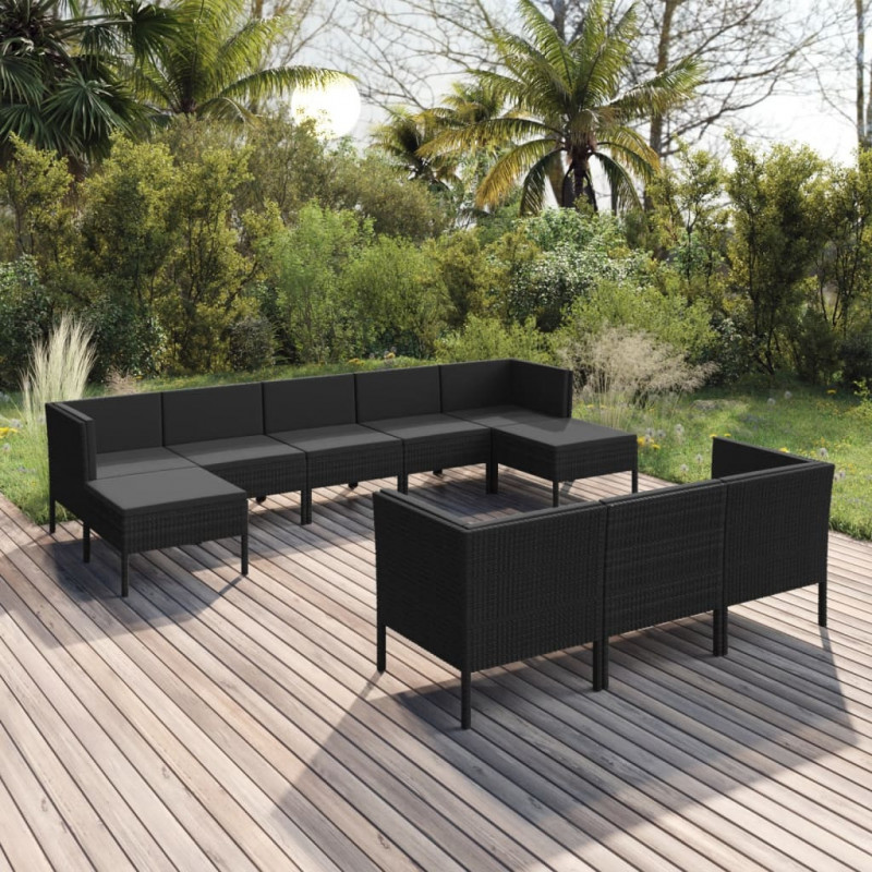 10-tlg. Garten-Lounge-Set mit Auflagen Poly Rattan Schwarz