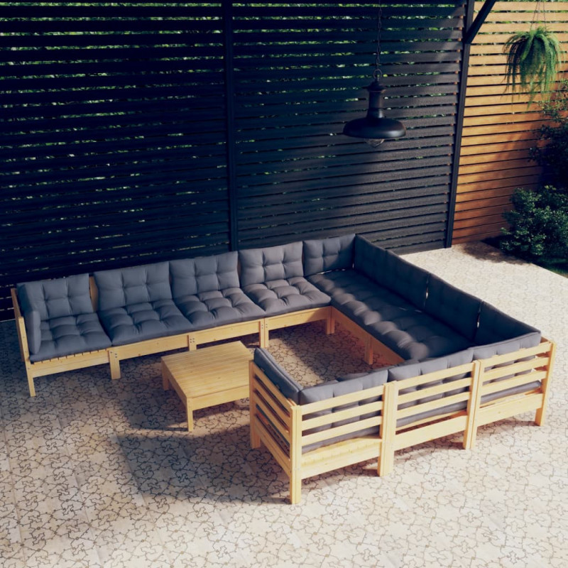 11-tlg. Garten-Lounge-Set mit Grauen Kissen Kiefernholz