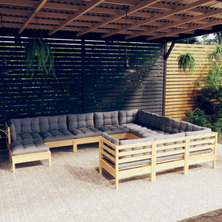 11-tlg. Garten-Lounge-Set mit Grauen Kissen Kiefernholz