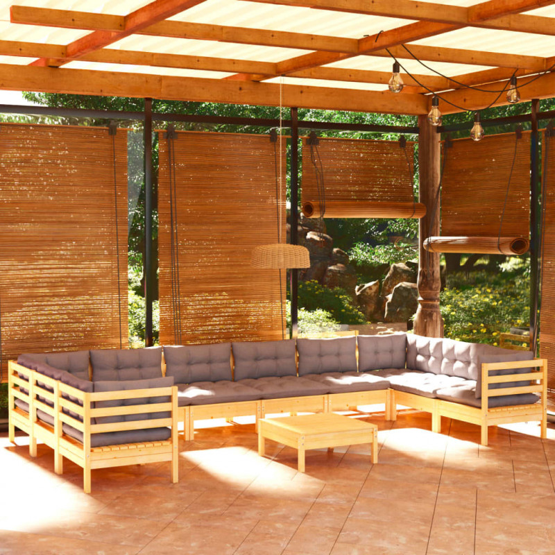 11-tlg. Garten-Lounge-Set mit Grauen Kissen Kiefernholz