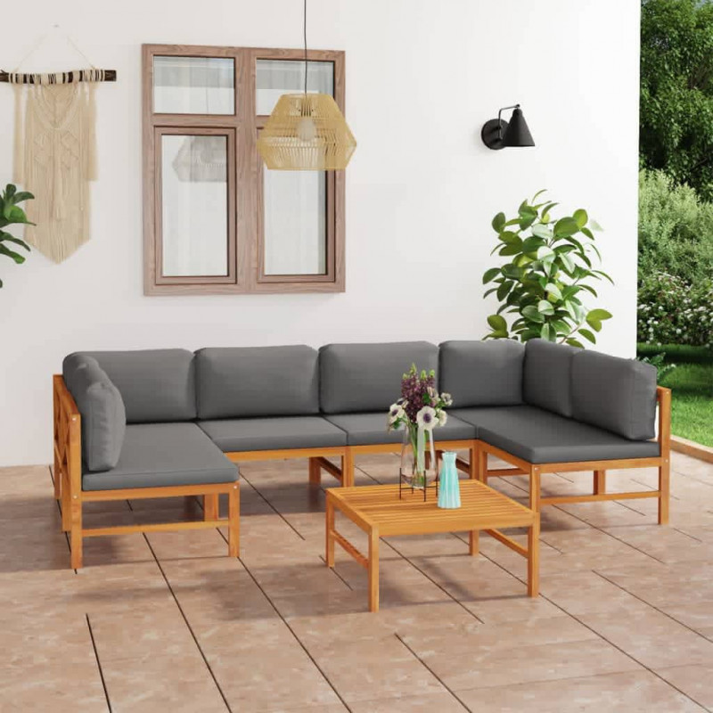 7-tlg. Garten-Lounge-Set mit Grauen Kissen Massivholz Teak