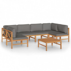 7-tlg. Garten-Lounge-Set mit Grauen Kissen Massivholz Teak