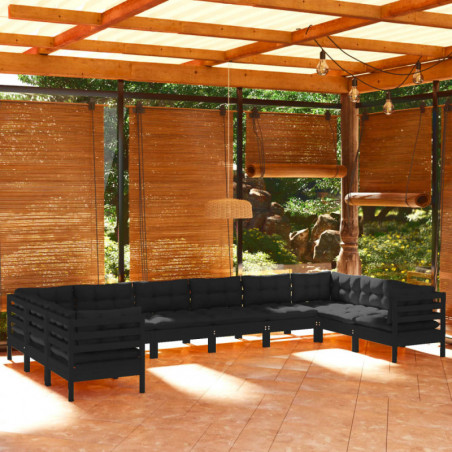 10-tlg. Garten-Lounge-Set mit Kissen Schwarz Kiefernholz