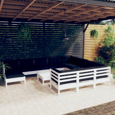 12-tlg. Garten-Lounge-Set mit Kissen Weiß Kiefernholz
