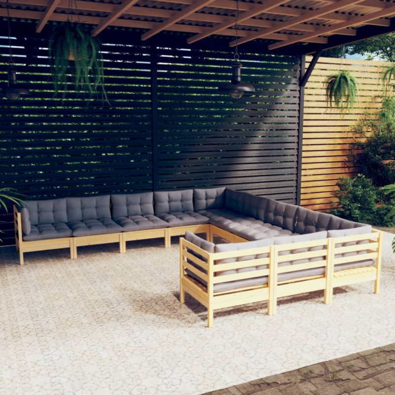 11-tlg. Garten-Lounge-Set mit Grauen Kissen Kiefernholz