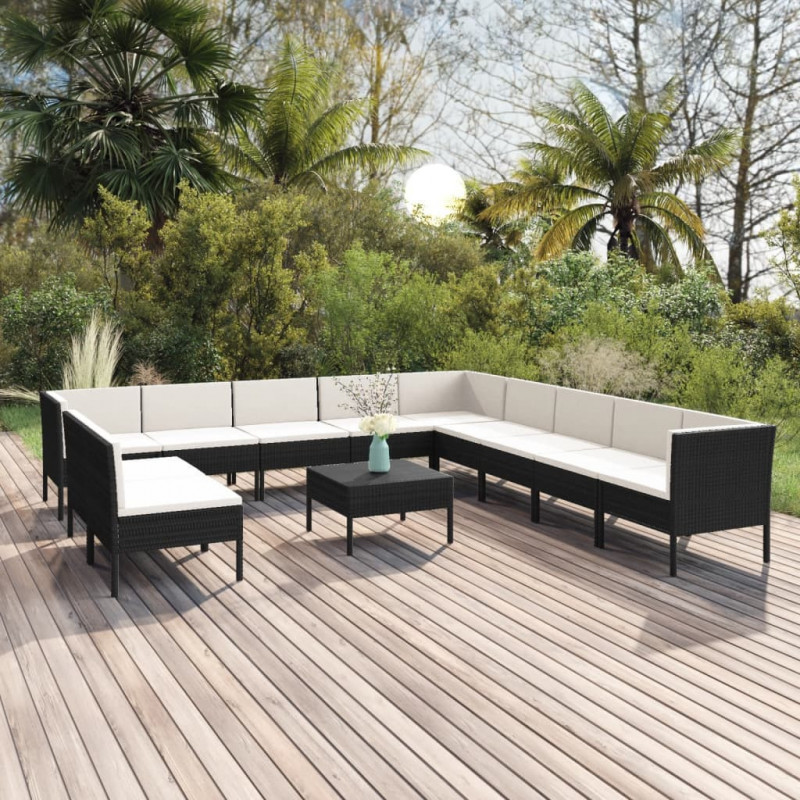 12-tlg. Garten-Lounge-Set mit Auflagen Poly Rattan Schwarz