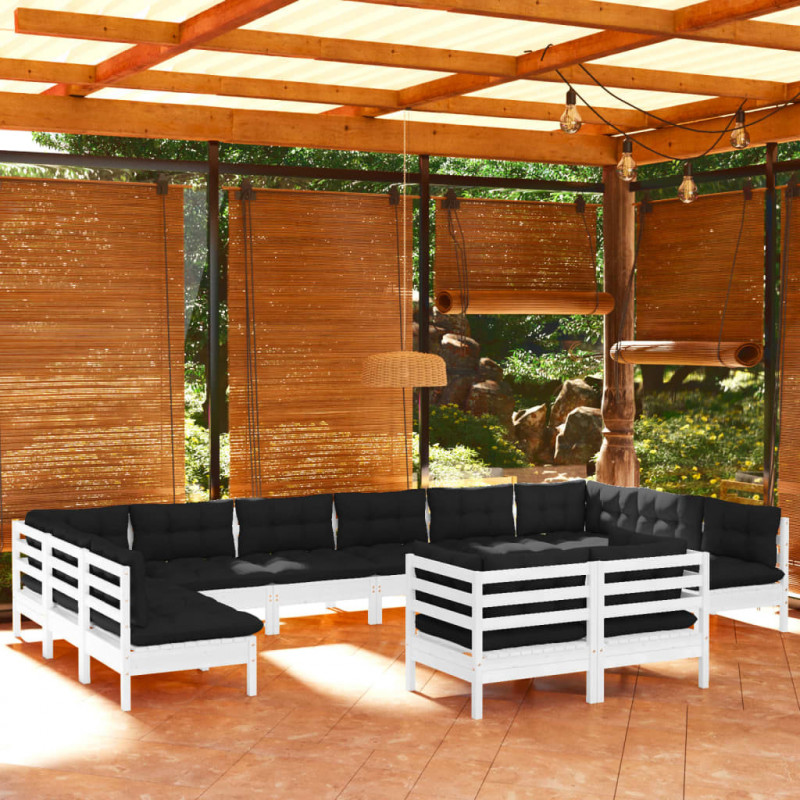 12-tlg. Garten-Lounge-Set mit Kissen Weiß Kiefer Massivholz