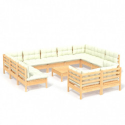 12-tlg. Garten-Lounge-Set mit Creme Kissen Massivholz Kiefer