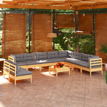 11-tlg. Garten-Lounge-Set mit Grauen Kissen Massivholz Kiefer