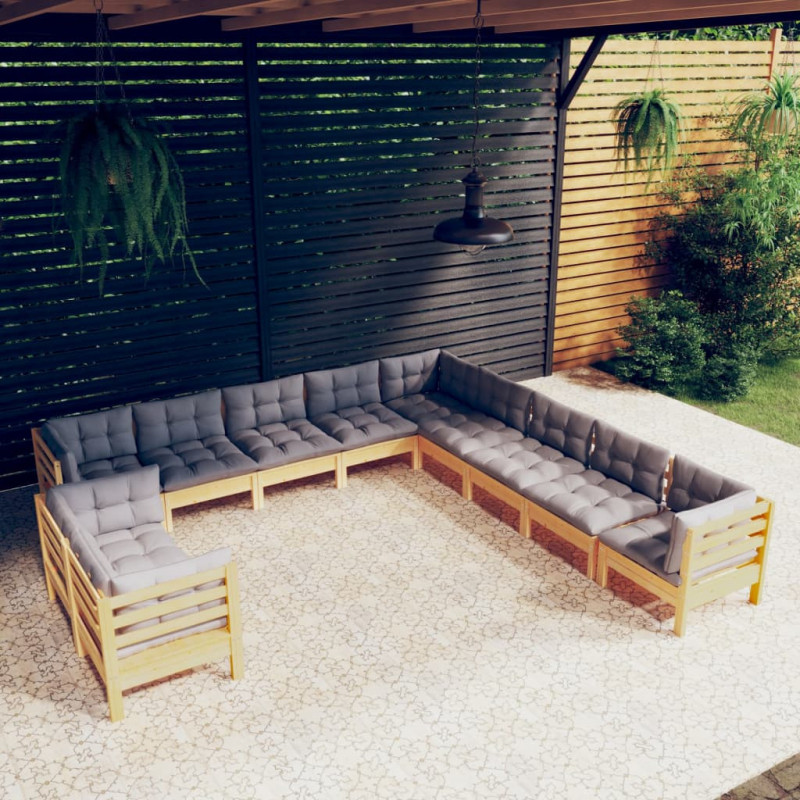 11-tlg. Garten-Lounge-Set mit Grauen Kissen Massivholz Kiefer