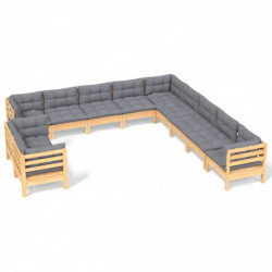 11-tlg. Garten-Lounge-Set mit Grauen Kissen Massivholz Kiefer