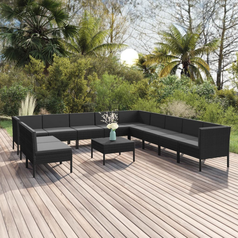 12-tlg. Garten-Lounge-Set mit Auflagen Poly Rattan Schwarz