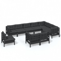 10-tlg. Garten-Lounge-Set mit Kissen Schwarz Massivholz Kiefer