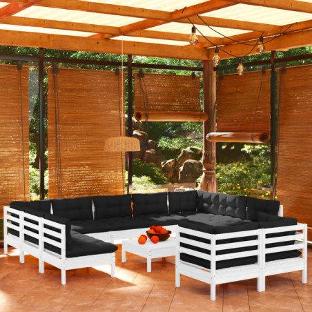 12-tlg. Garten-Lounge-Set mit Kissen Weiß Kiefer Massivholz