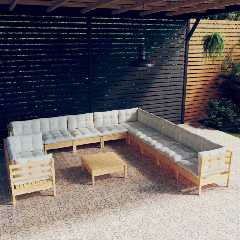 12-tlg. Garten-Lounge-Set mit Creme Kissen Massivholz Kiefer