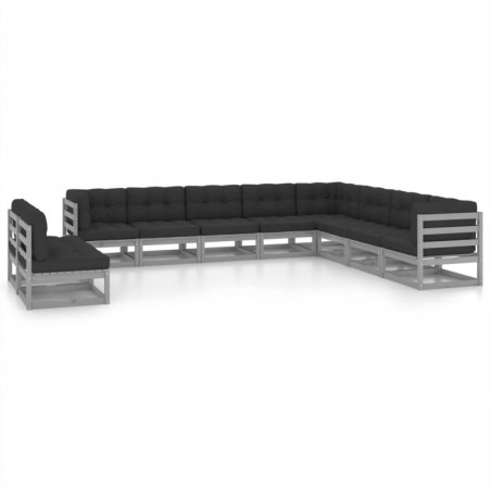 10-tlg. Garten-Lounge-Set mit Kissen Grau Kiefer Massivholz