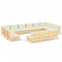 13-tlg. Garten-Lounge-Set mit Creme Kissen Massivholz Kiefer