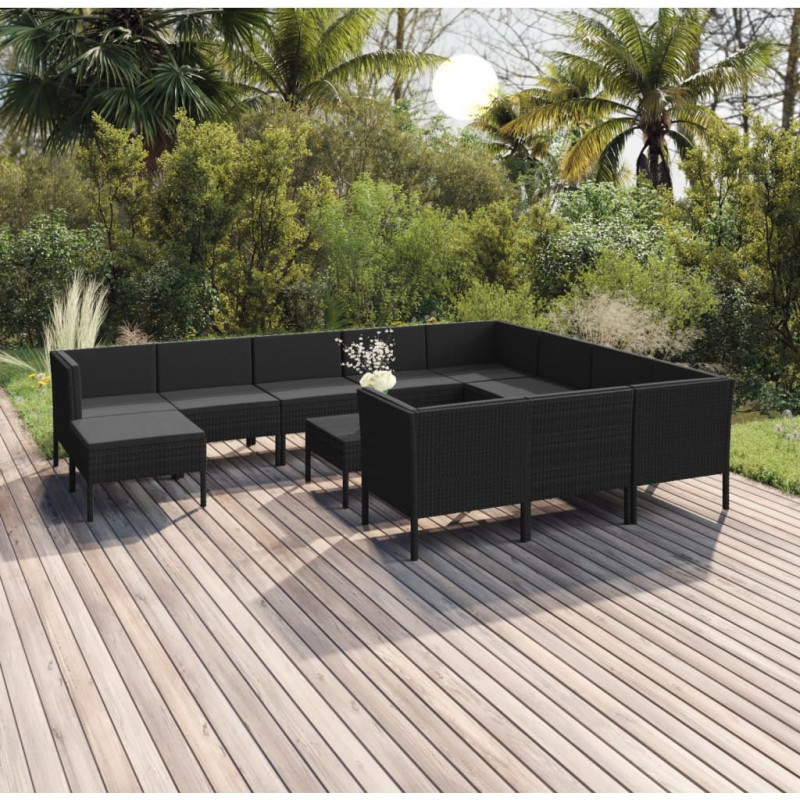 12-tlg. Garten-Lounge-Set mit Auflagen Poly Rattan Schwarz