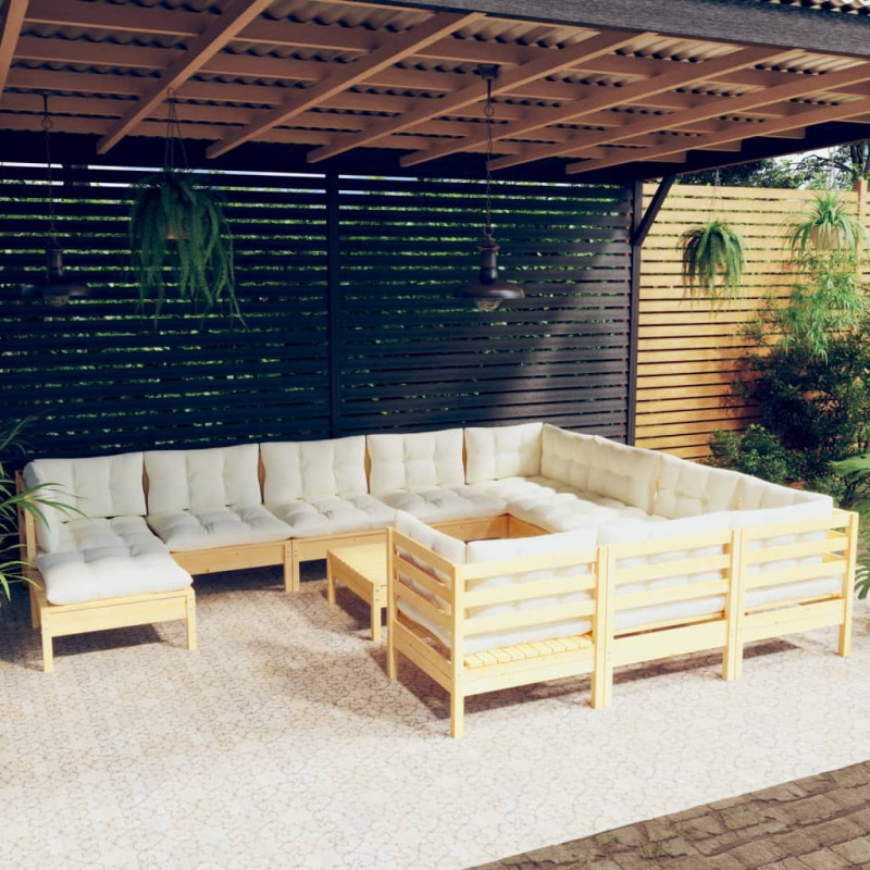 12-tlg. Garten-Lounge-Set mit Creme Kissen Kiefernholz