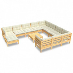 12-tlg. Garten-Lounge-Set mit Creme Kissen Kiefernholz