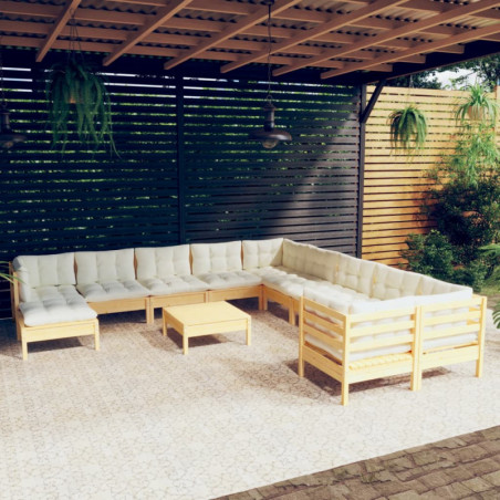 12-tlg. Garten-Lounge-Set mit Creme Kissen Kiefernholz