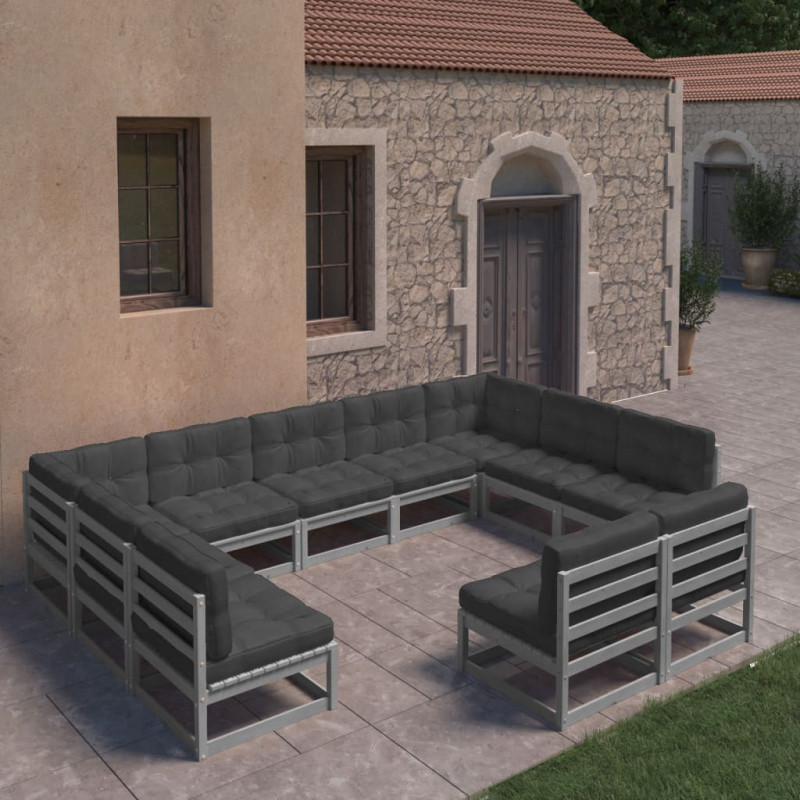 11-tlg. Garten-Lounge-Set mit Kissen Grau Kiefer Massivholz