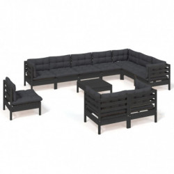 11-tlg. Garten-Lounge-Set mit Kissen Schwarz Massivholz Kiefer