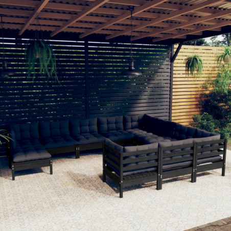 11-tlg. Garten-Lounge-Set mit Kissen Schwarz Kiefernholz