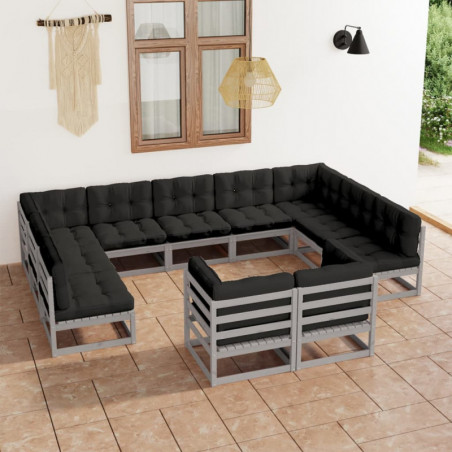 11-tlg. Garten-Lounge-Set mit Kissen Grau Kiefer Massivholz