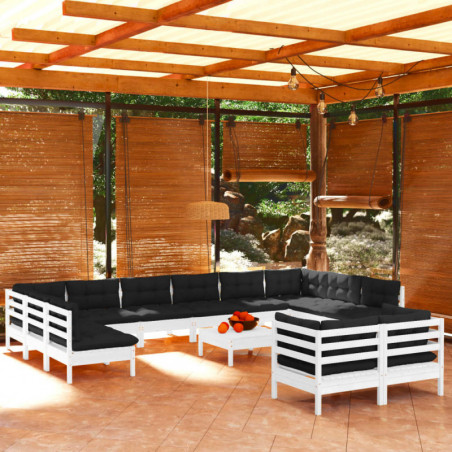 13-tlg. Garten-Lounge-Set mit Kissen Weiß Kiefernholz