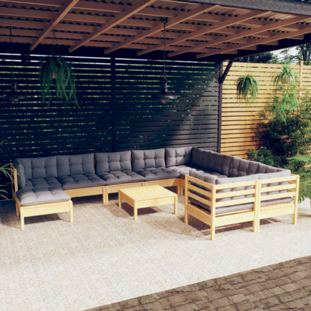 11-tlg. Garten-Lounge-Set mit Grauen Kissen Kiefernholz