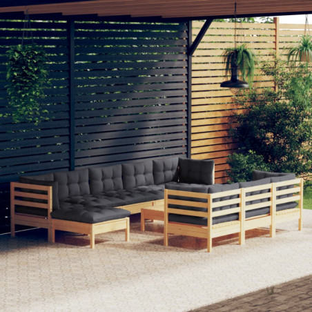 11-tlg. Garten-Lounge-Set mit Grauen Kissen Kiefer Massivholz
