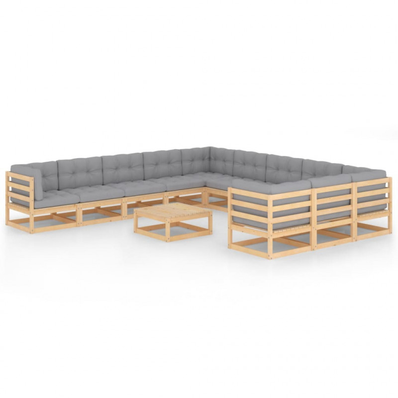 12-tlg. Garten-Lounge-Set mit Kissen Massivholz Kiefer