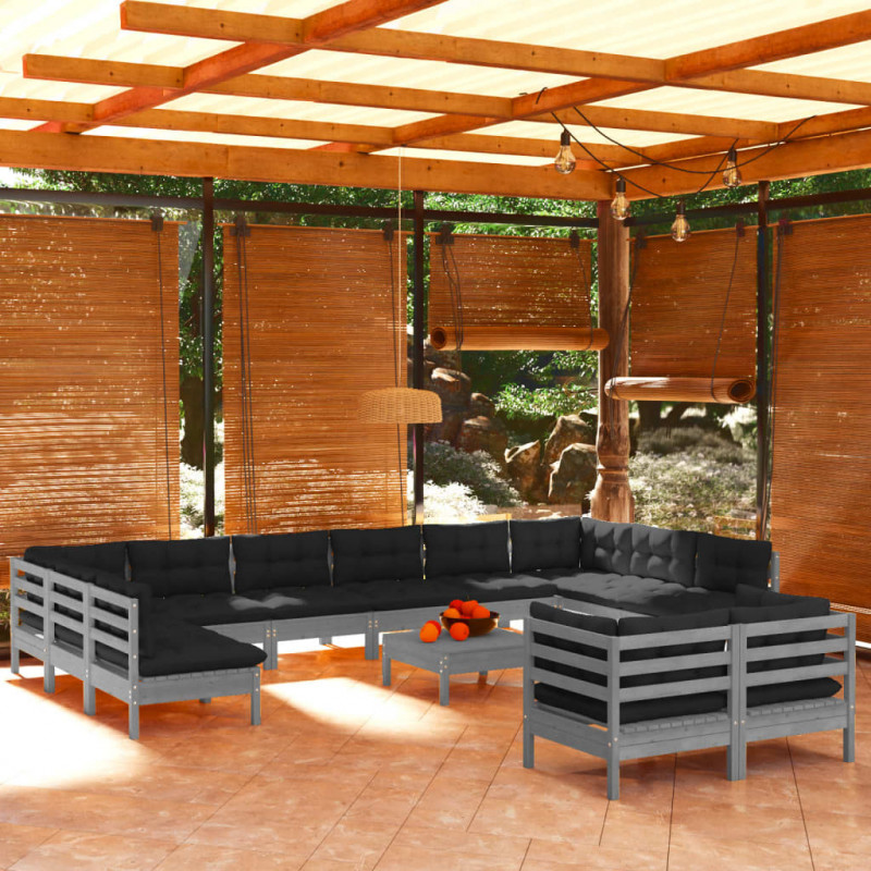 13-tlg. Garten-Lounge-Set mit Kissen Grau Kiefernholz