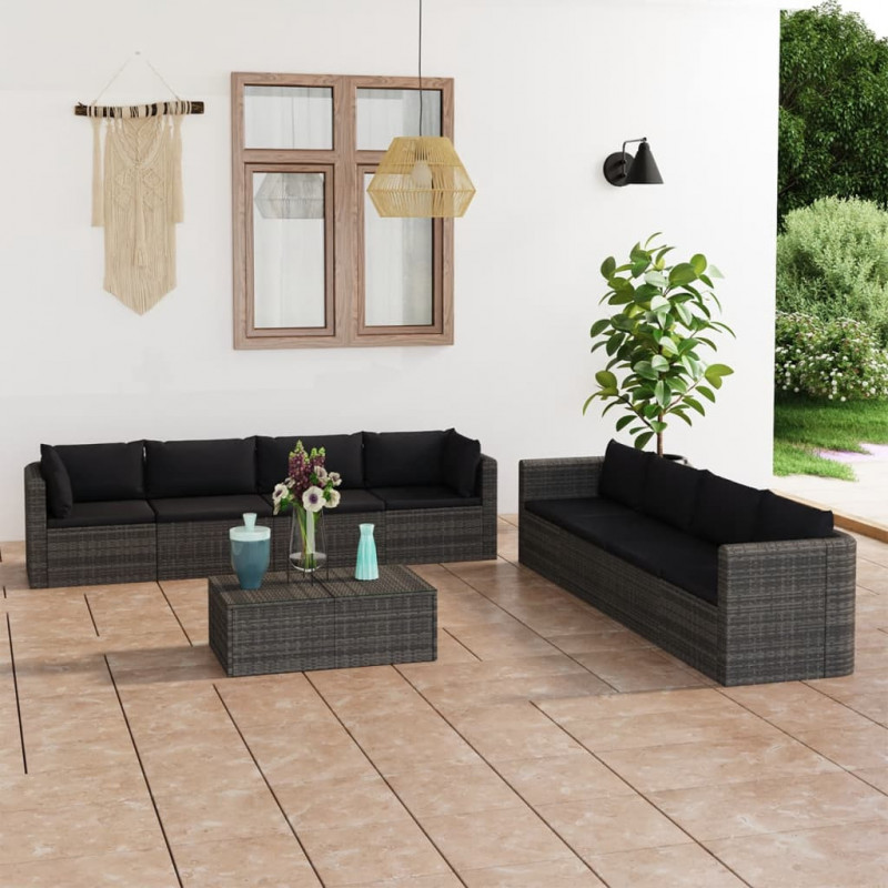 9-tlg. Garten-Lounge-Set mit Kissen Poly Rattan Grau